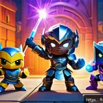 로얄매치 캐릭터 정보 - A vibrant, colorful fantasy game scene featuring a team of diverse cartoon heroes with unique powers...