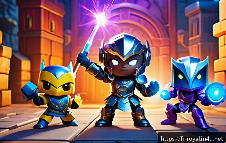 로얄매치 캐릭터 정보 - A vibrant, colorful fantasy game scene featuring a team of diverse cartoon heroes with unique powers...
