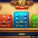 로얄매치 자동 업그레이드 - A vibrant and colorful mobile game interface showing a puzzle match-3 board filled with various spec...